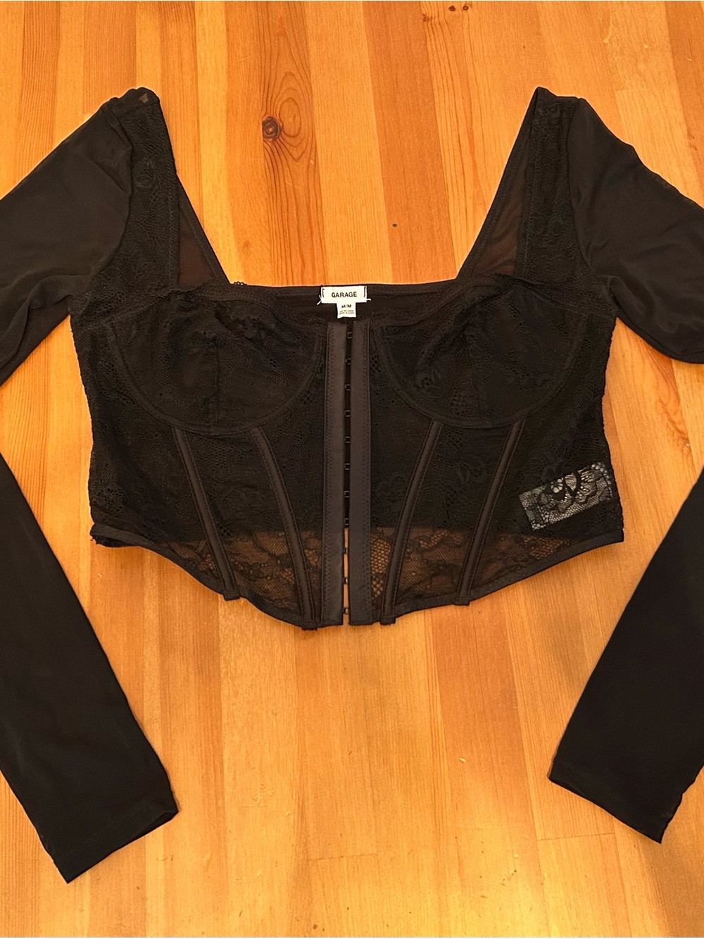 Garage Black Lace Corset Crop Top with Long Sleeves
